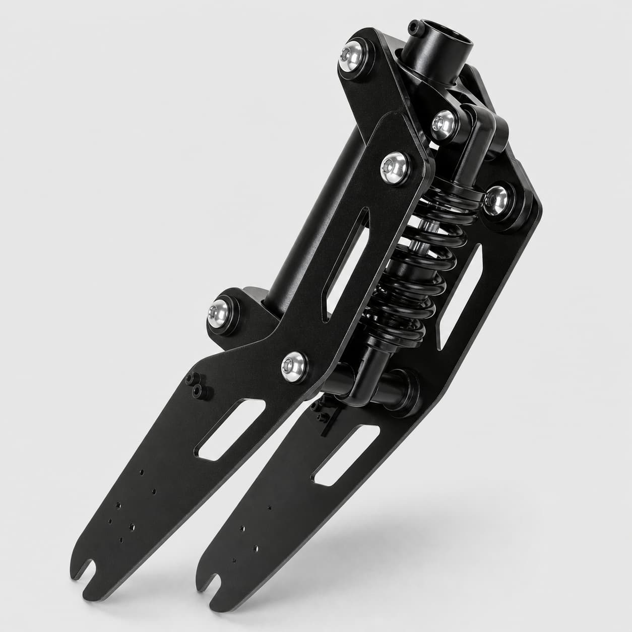 Ressort de suspension avant et amortisseur pour trottinette électrique avec supports de montage et tige centrale sur fond gris clair.