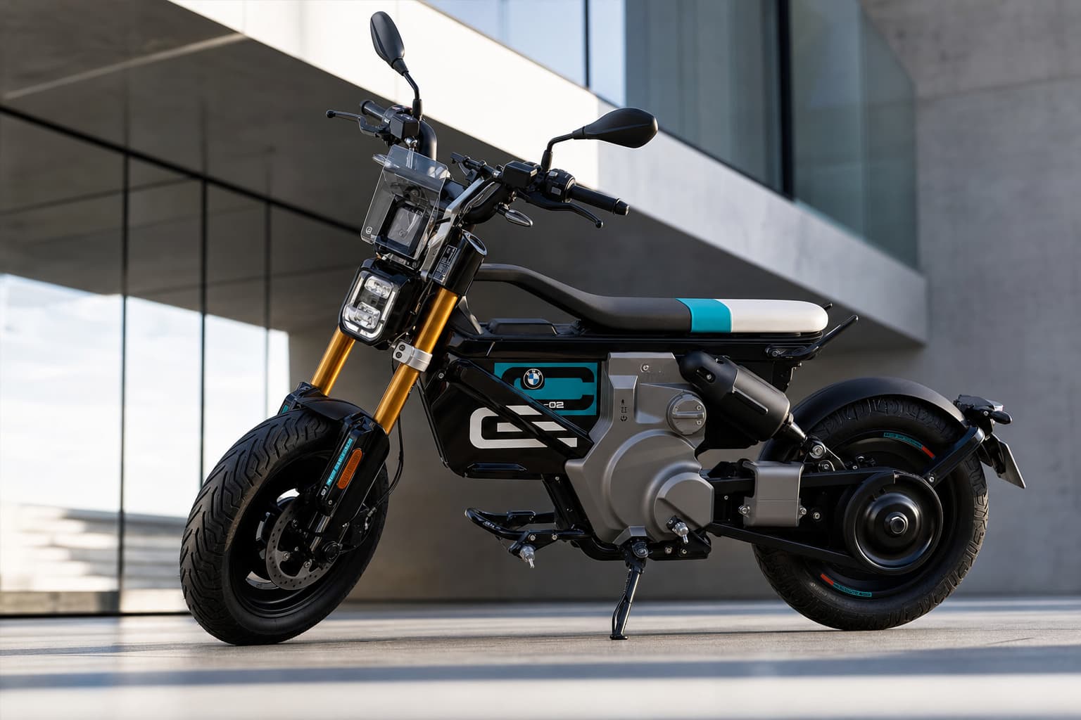 Un scooter électrique BMW CE 02 au design futuriste, photographié en contre-plongée dynamique dans un cadre architectural minimaliste en béton et verre, sous un éclairage net et moderne.