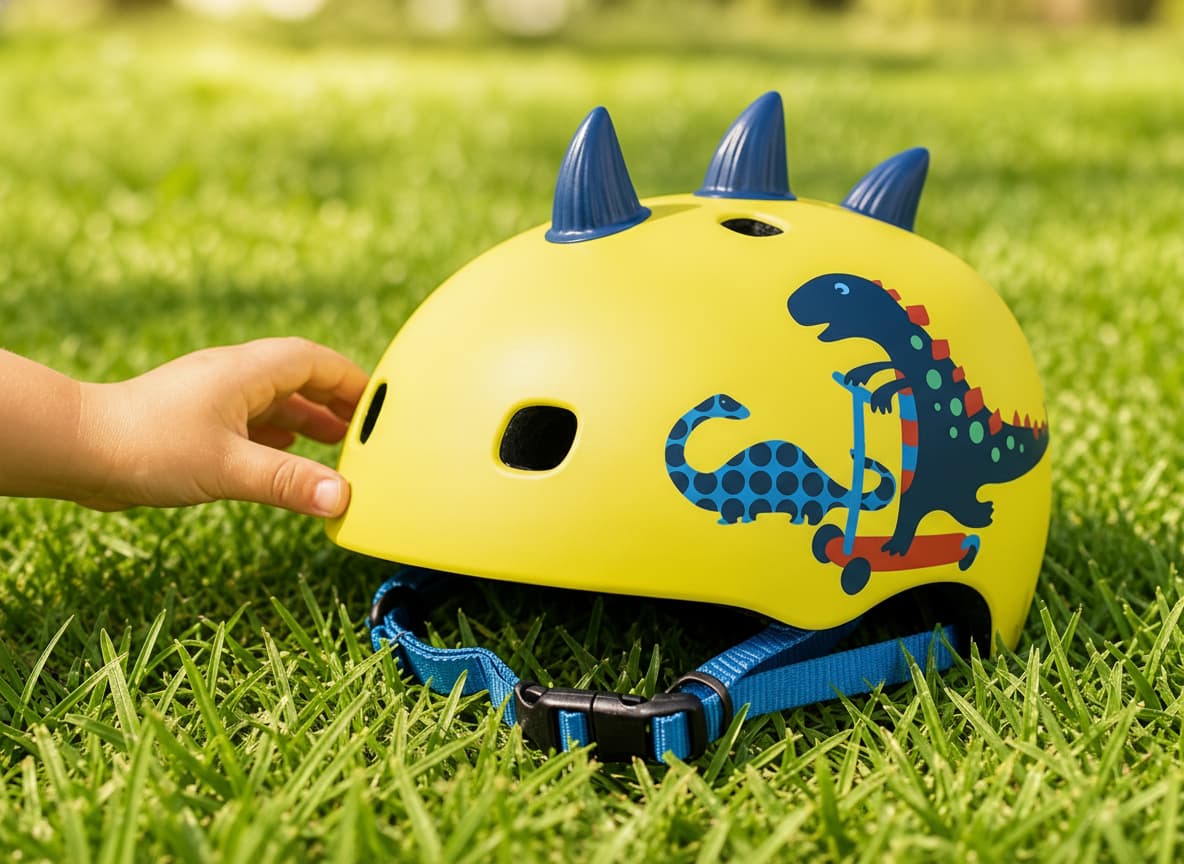 Un casque de vélo pour enfant au design de dinosaure 3D coloré avec des piques sur le dessus, posé sur une pelouse verte, une petite main touchant délicatement le bord du casque au premier plan, sous une lumière ensoleillée.
