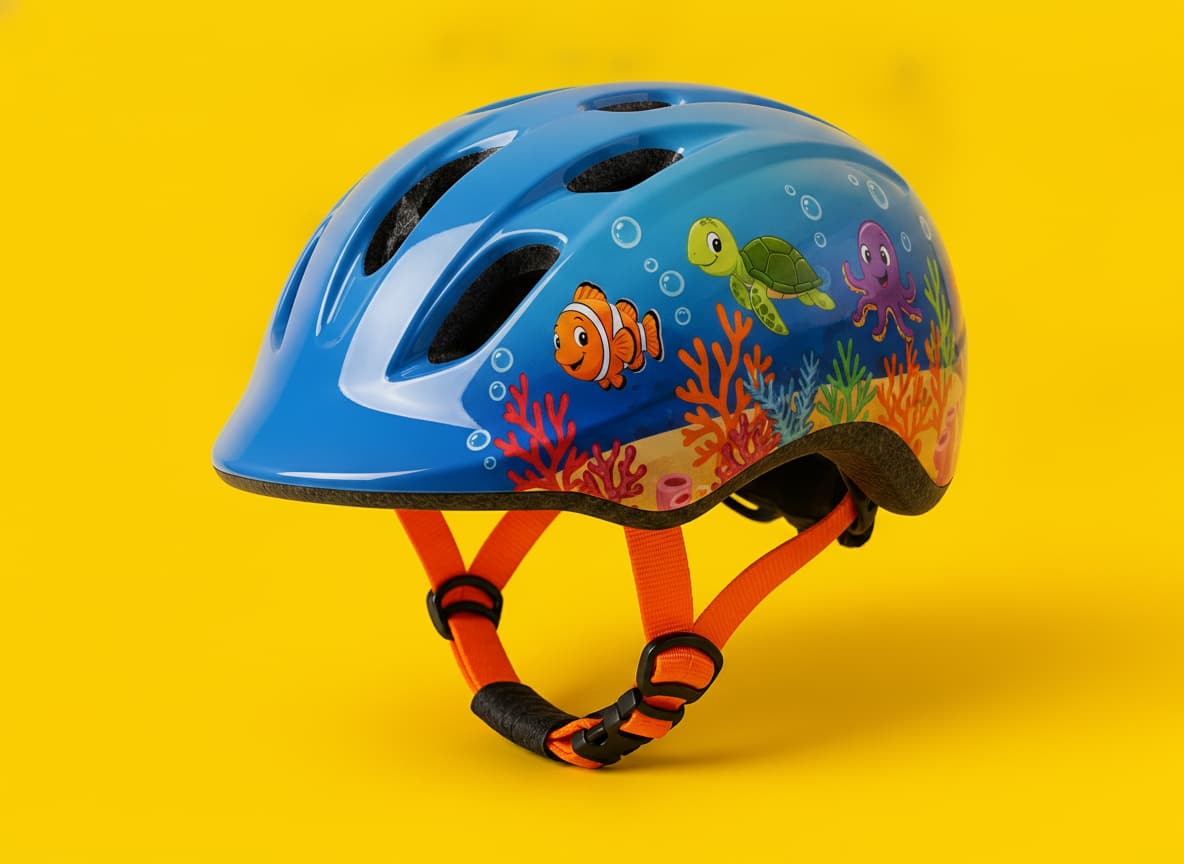 Casque pour enfant bleu brillant avec un graphique de fusée aérodynamique et des sangles orange vif, posé sur un fond jaune éclatant, éclairage doux mettant en valeur la boucle de sécurité et la légèreté de la construction.