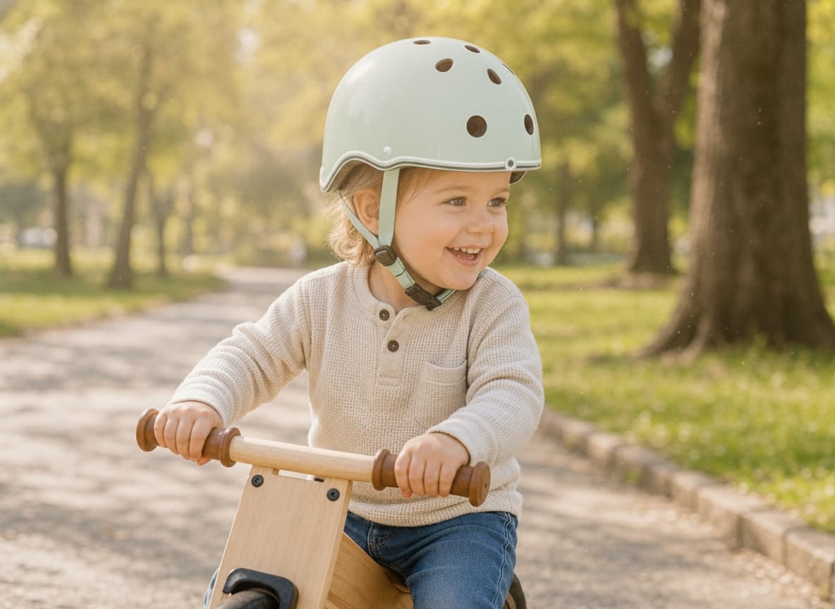 Un jeune enfant souriant porte un casque de vélo pastel compact avec sangles ajustables, assis sur une draisienne en bois dans un parc sous une lumière douce d