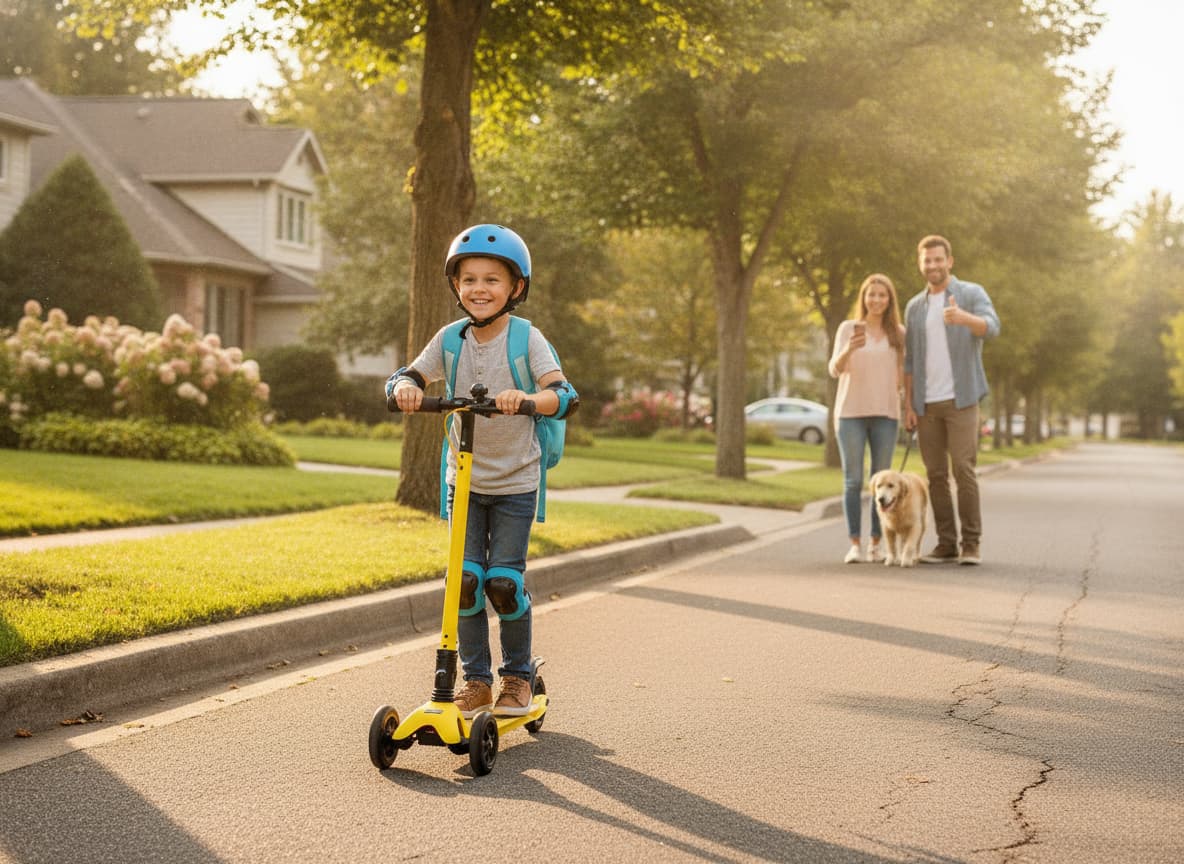Un enfant souriant de huit ans roule sur une trottinette électrique sécurisée avec un plateau bas et une large surface antidérapante, dans un quartier résidentiel baigné de lumière d