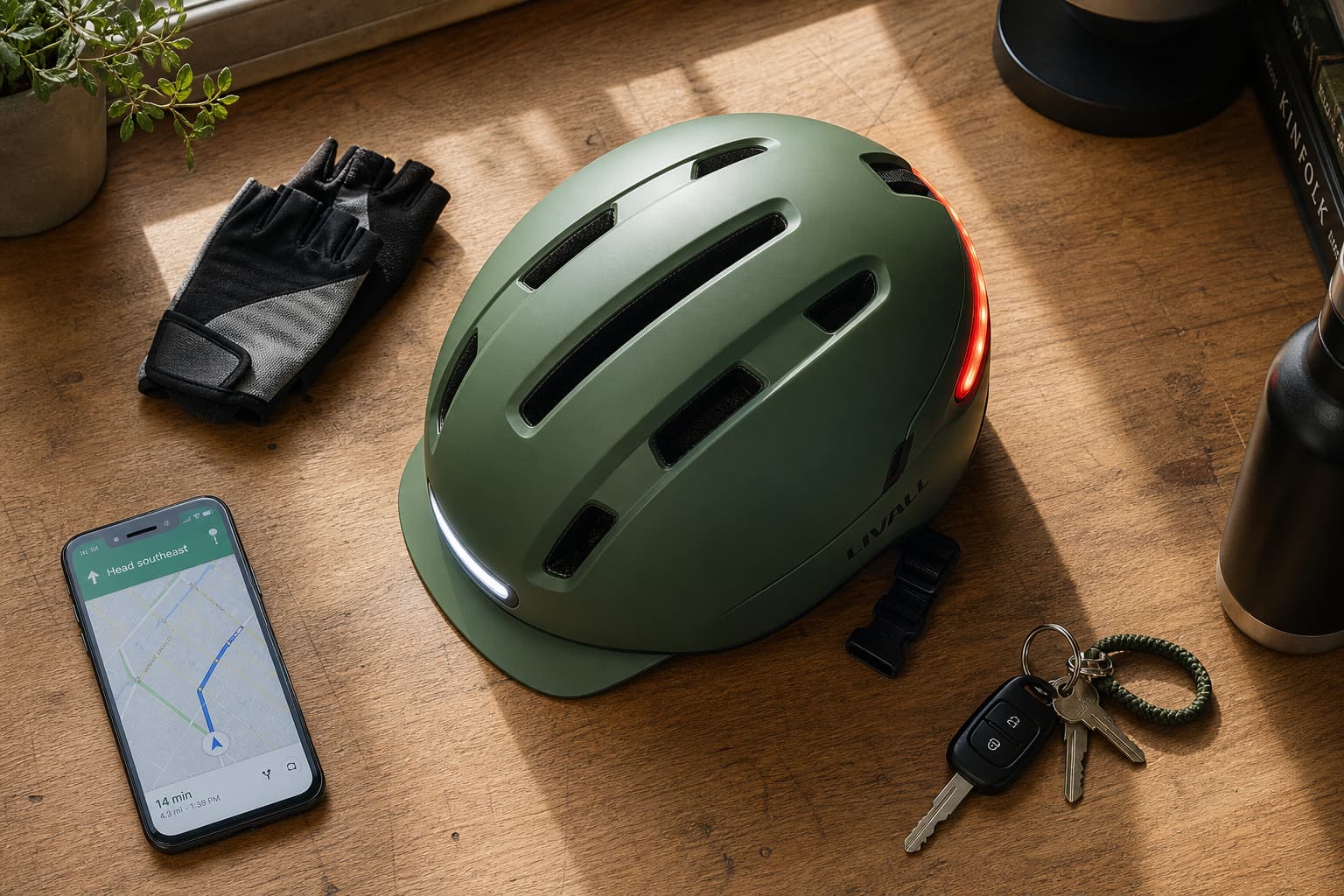 Un casque de trottinette électrique vert mat avec lumières LED intégrées repose sur un établi en bois à côté de gants de cyclisme, d