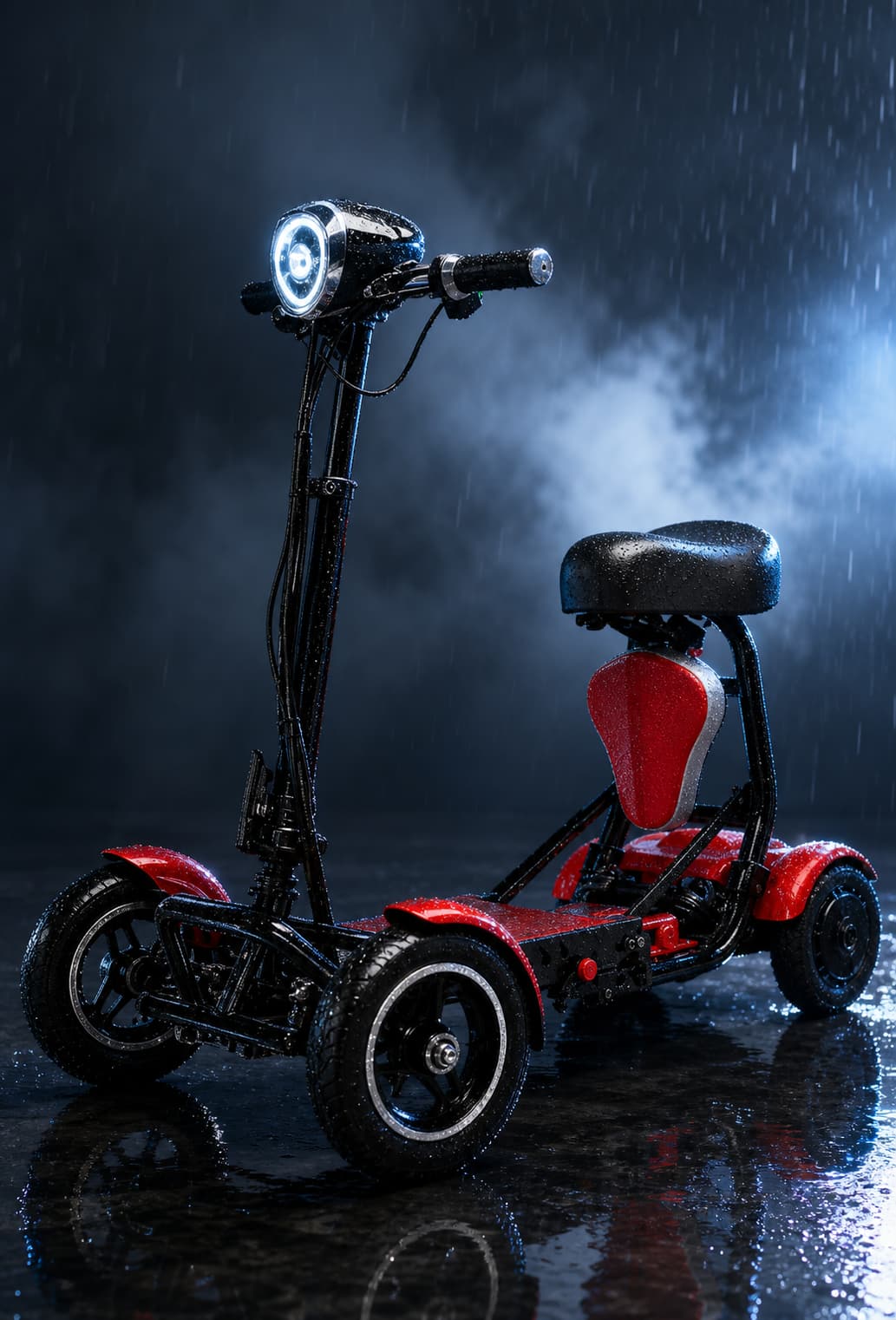 Scooter électrique Inoele Sweemie vu de trois quarts avant sur une surface réfléchissante sombre avec des gouttes d