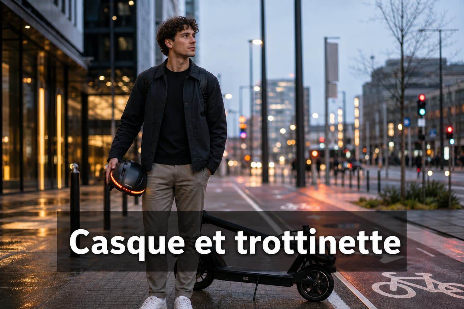 Un jeune citadin se tient sur une rue moderne au crépuscule, une trottinette électrique pliée à ses côtés, il tient un casque noir avec lumières LED intégrées ; en arrière-plan, des lumières de ville floues et une piste cyclable, avec le texte 