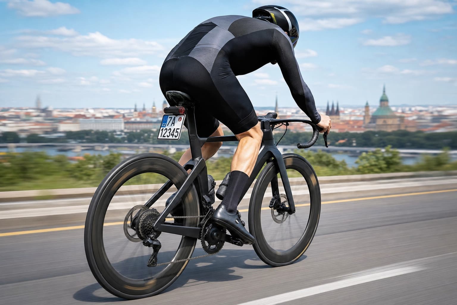 Un speedbike élégant roule sur une route ouverte à l