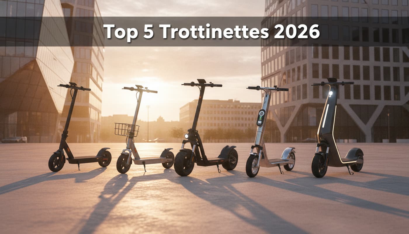 Cinq trottinettes électriques modernes sur une place urbaine à l