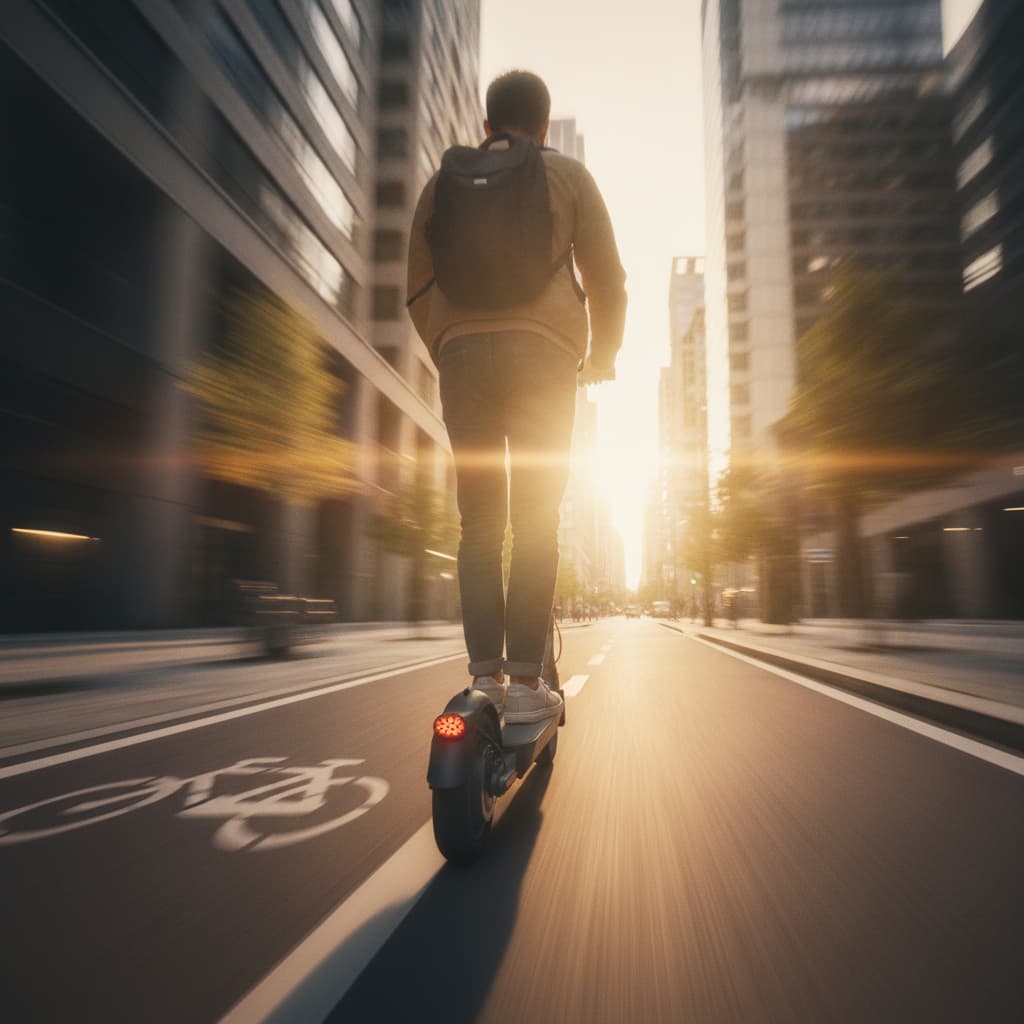 Un conducteur de trottinette électrique vu de dos en contre-plongée roulant sur une piste cyclable citadine, avec flou de mouvement, lumière dorée traversant les immeubles, accent sur le plateau et les roues.