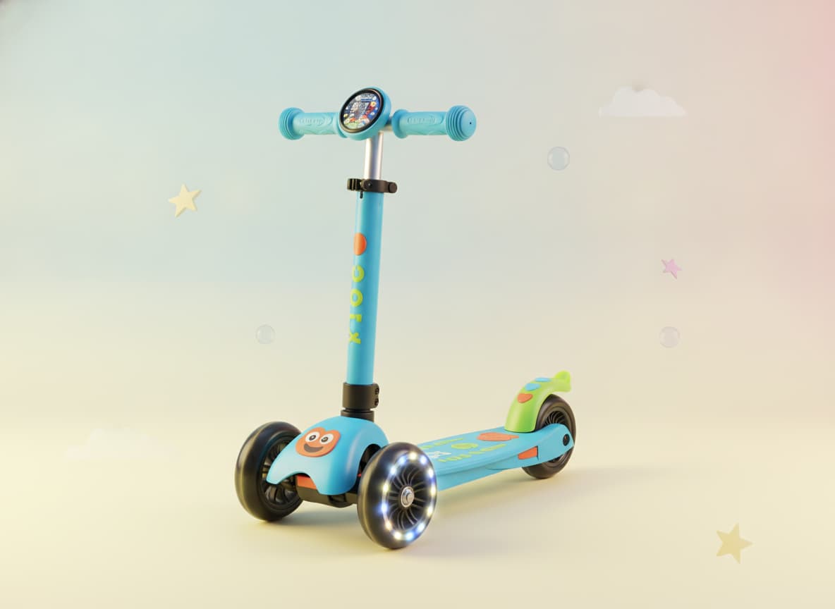 Trottinette électrique pour enfant de couleur bleu vif, avec une plateforme basse, un guidon large rembourré de sécurité, photographiée dans un studio lumineux au fond pastel.