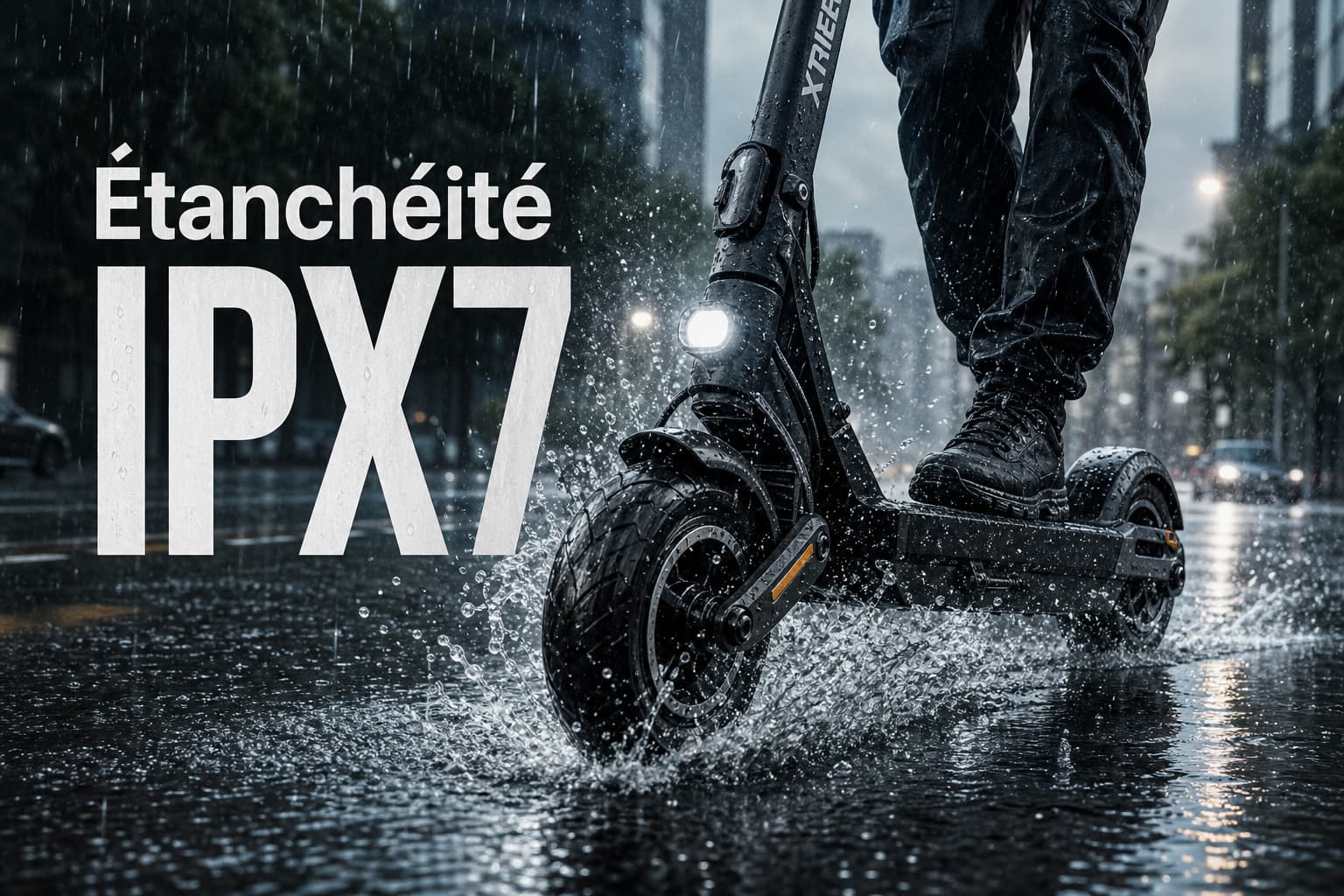 Une trottinette électrique roulant dans une flaque d