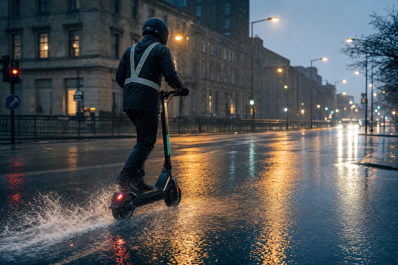 Un conducteur en ciré sombre à éléments haute visibilité conduit une trottinette électrique sous la pluie dans une rue urbaine mouillée au crépuscule, avec des projections d