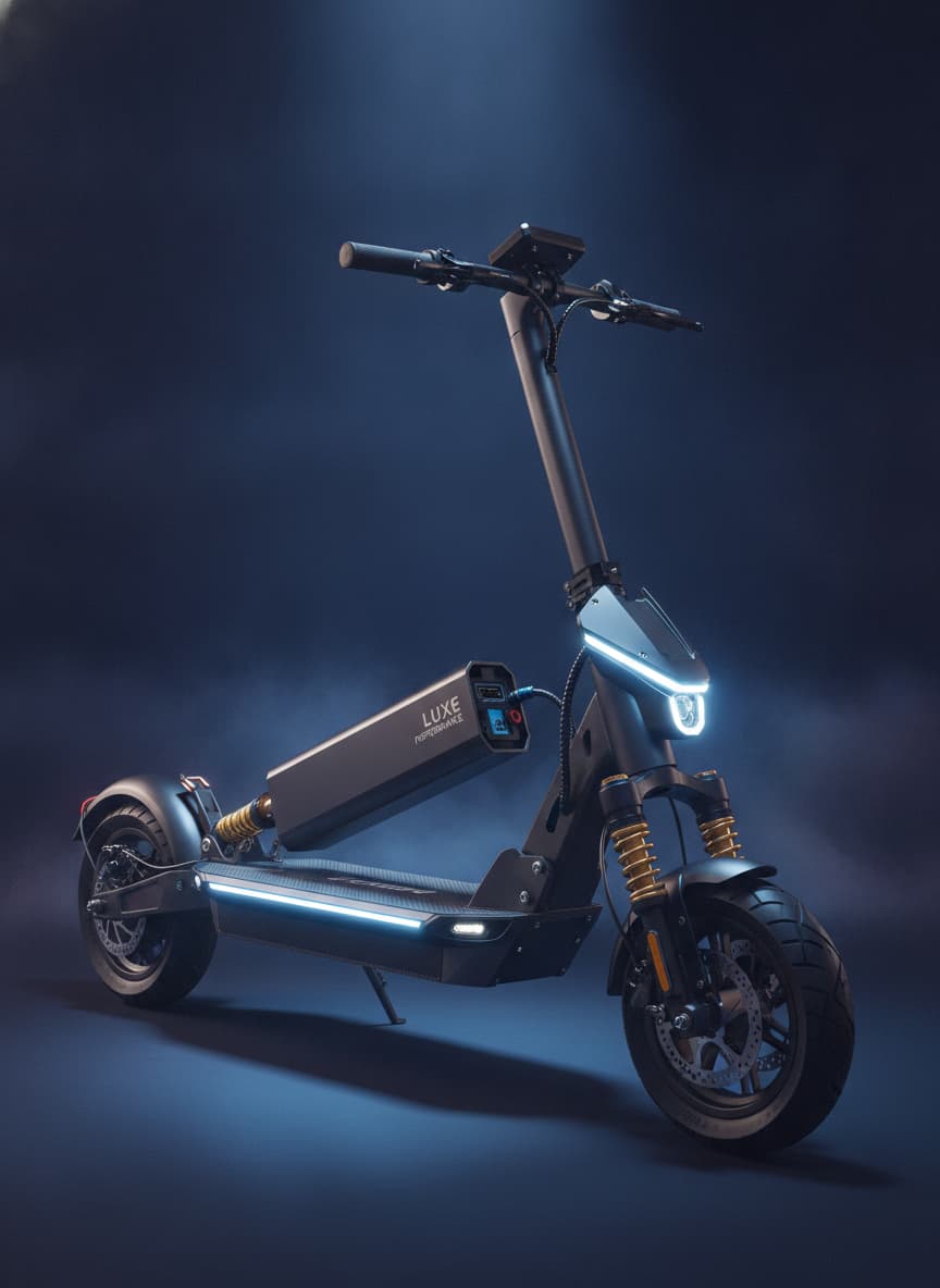 Trottinette électrique adulte haut de gamme, avec batterie amovible, éclairage LED intégré et suspension robuste, sur fond sombre dégradé.