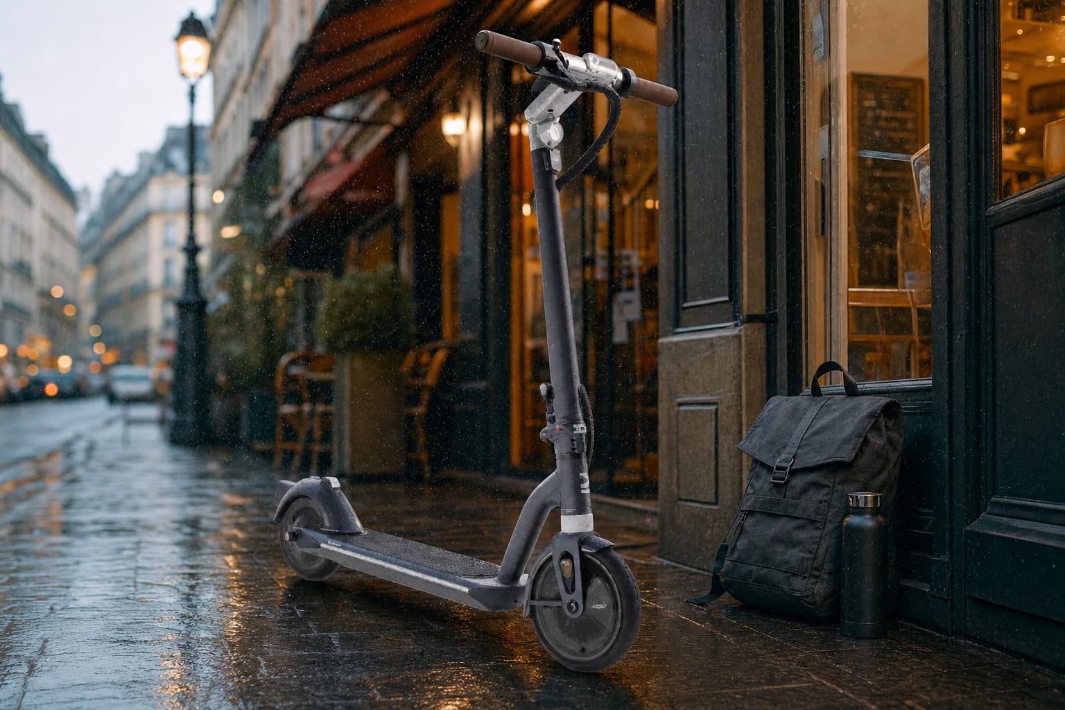 Trottinette électrique Decathlon Oxelo garée sur un trottoir mouillé devant un magasin français, sous une légère bruine, éclairage urbain chaud créant des reflets sur le sol et la trottinette, sac à dos à proximité, ambiance automnale.