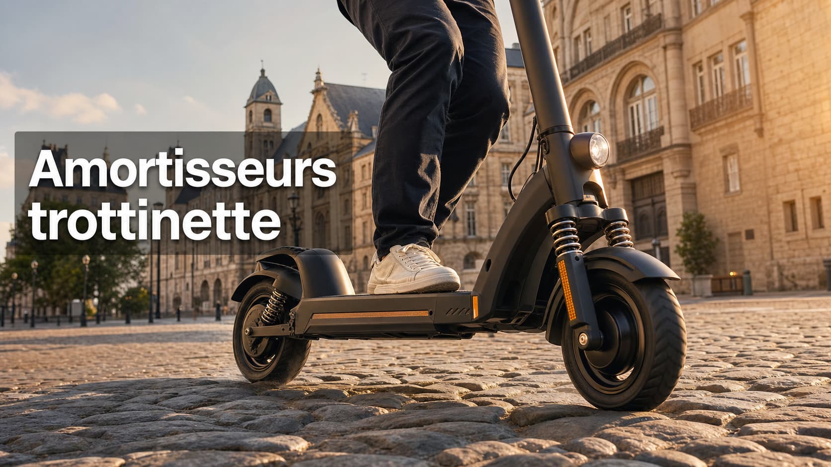 Un conducteur de trottinette électrique traverse une rue pavée historique, la suspension avant et arrière absorbant visiblement les chocs, filmé en contre-plongée sous une lumière dorée, avec le texte