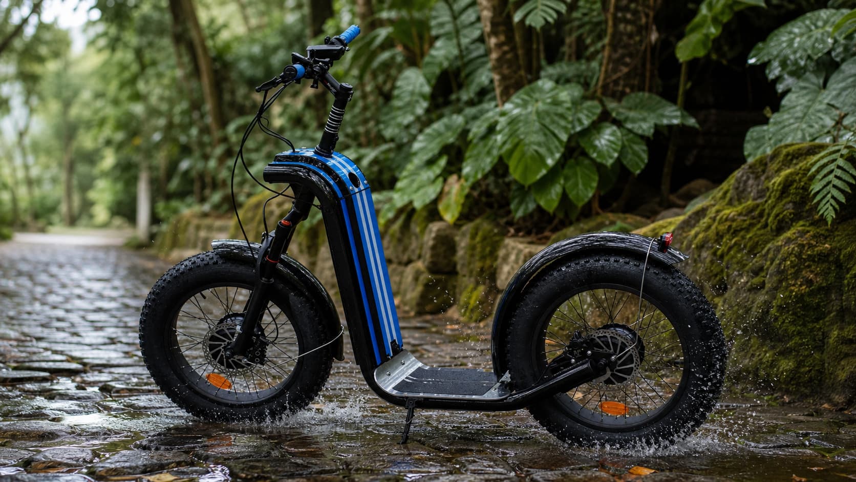 Une trottinette électrique Zosh aux pneus crantés est positionnée sur des pavés humides entourés de végétation avec des éclaboussures d