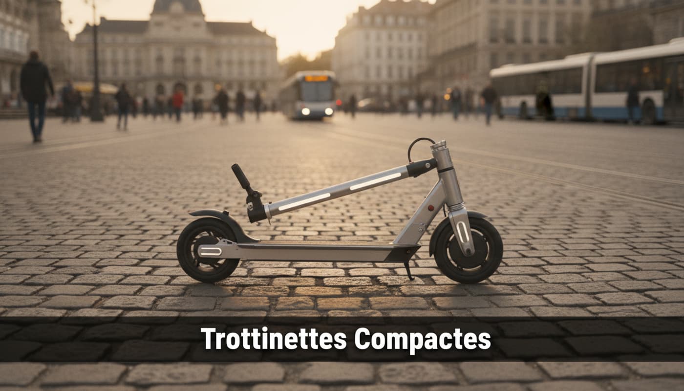 Trottinette électrique compacte pliée sur une rue pavée en ville au coucher du soleil, avec un texte 