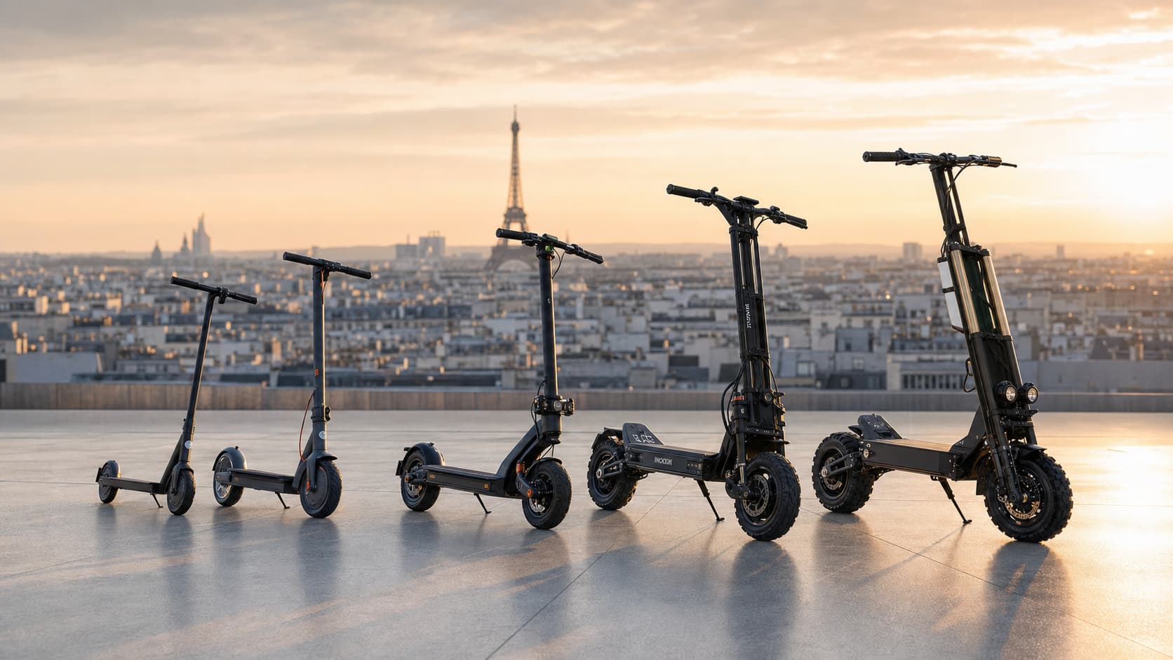 Plusieurs trottinettes électriques haut de gamme de tailles et designs variés alignées sur un toit-terrasse moderne à l