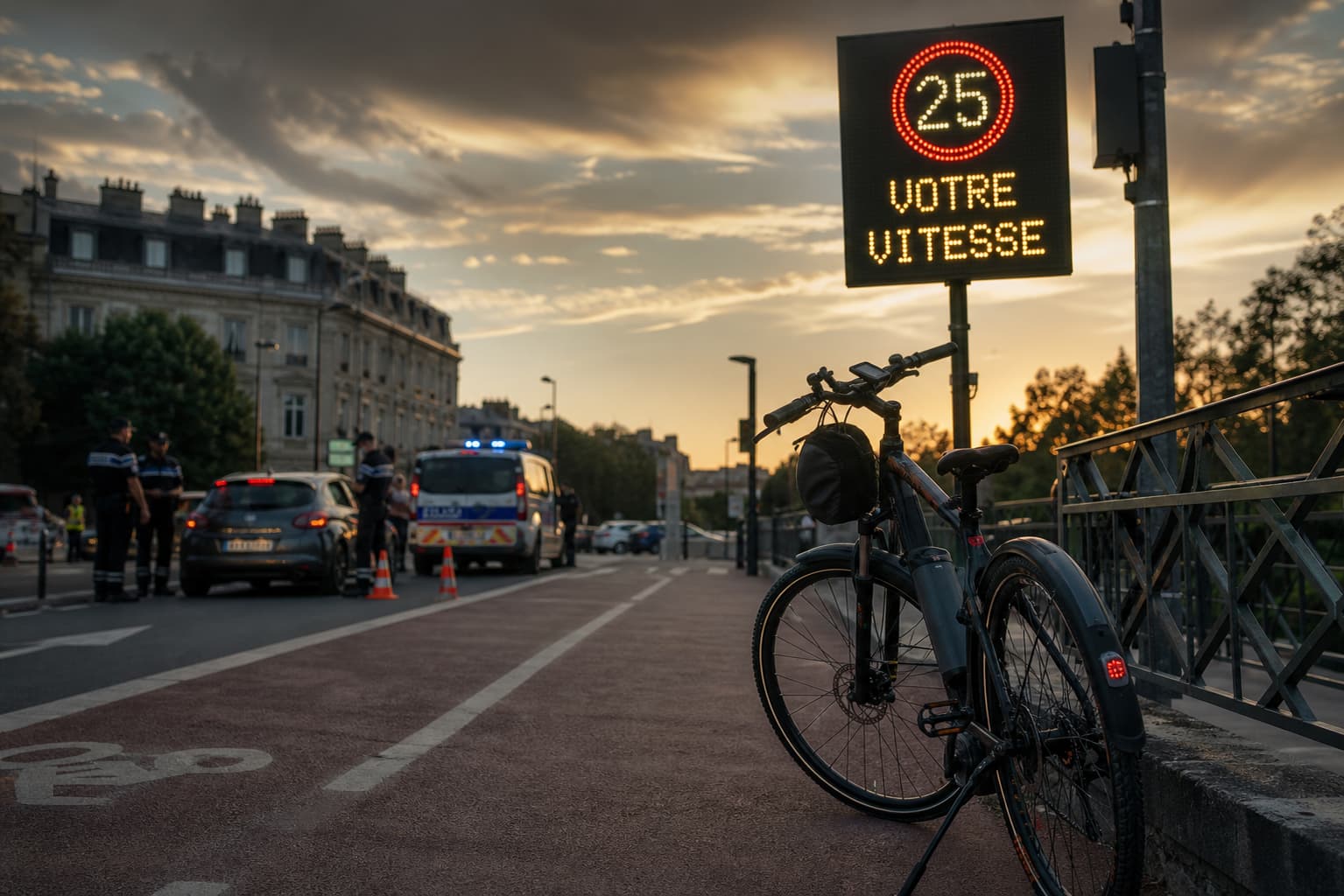 Un vélo électrique stationné sous un ciel dramatique, à côté d