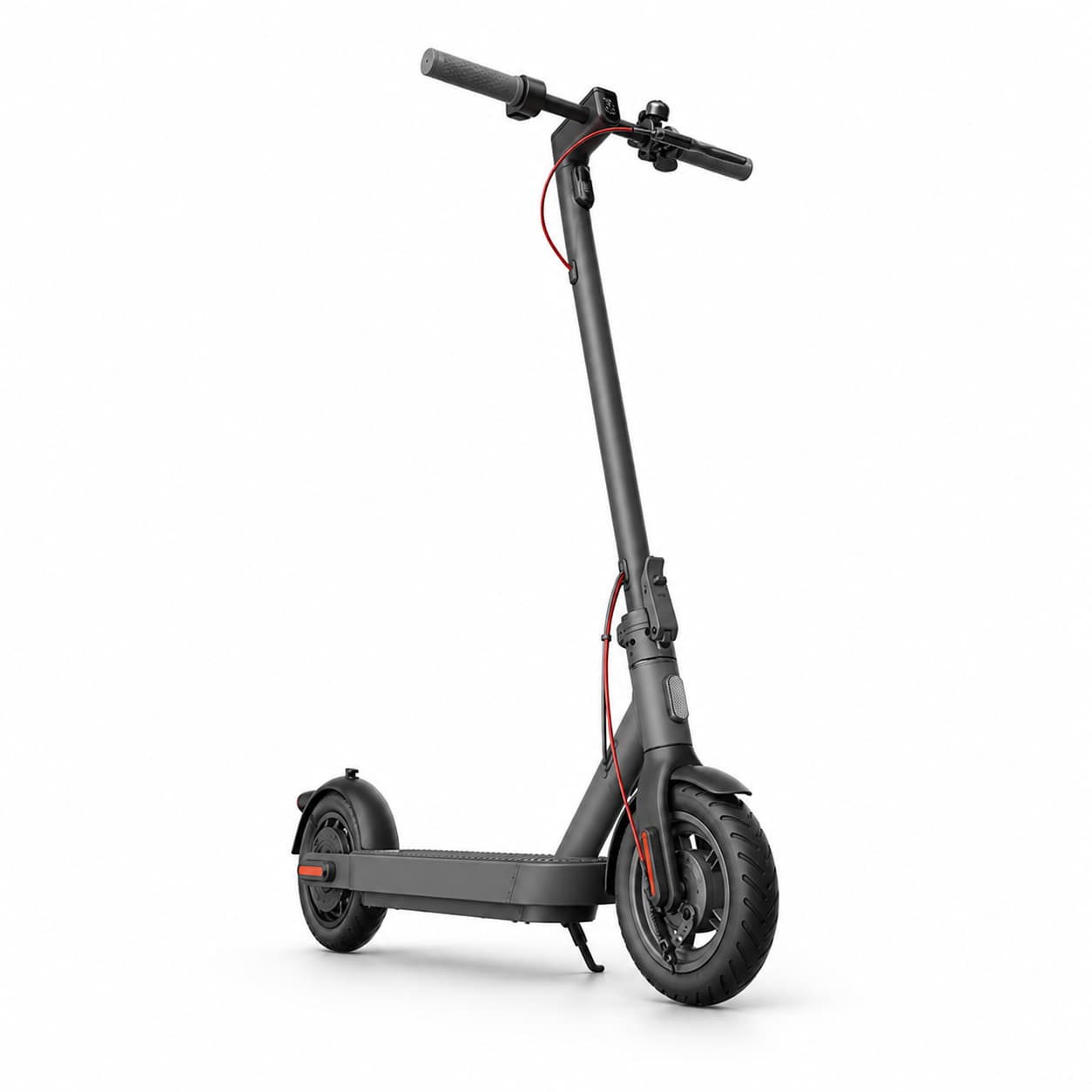 Trottinette électrique Xiaomi grise présentée de trois quarts sur fond blanc avec son afficheur numérique visible.