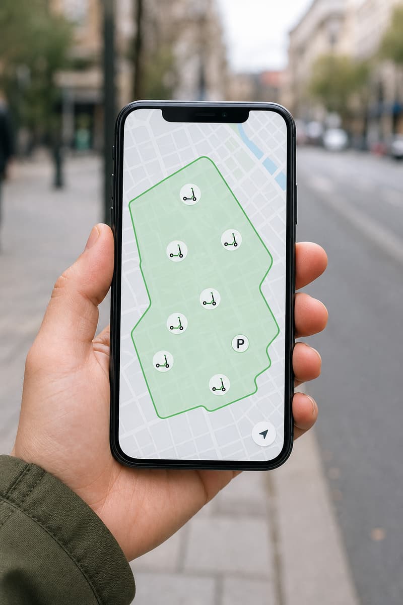 Smartphone affichant une carte avec une zone de service colorée, des icônes de trottinettes disponibles et une icône de stationnement.
