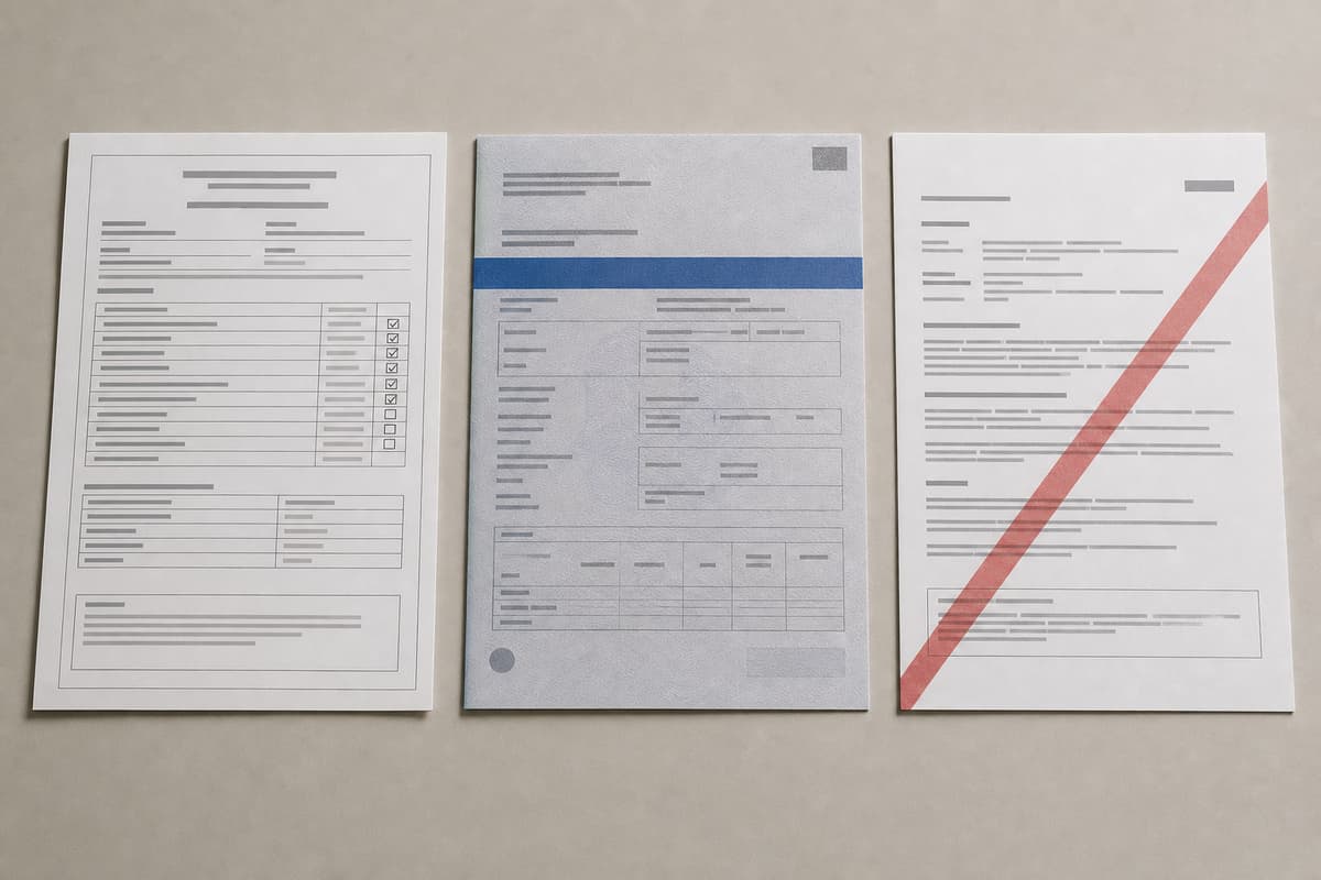 Trois documents administratifs alignés sur une table : un certificat de conformité avec des caractéristiques techniques, un certificat d