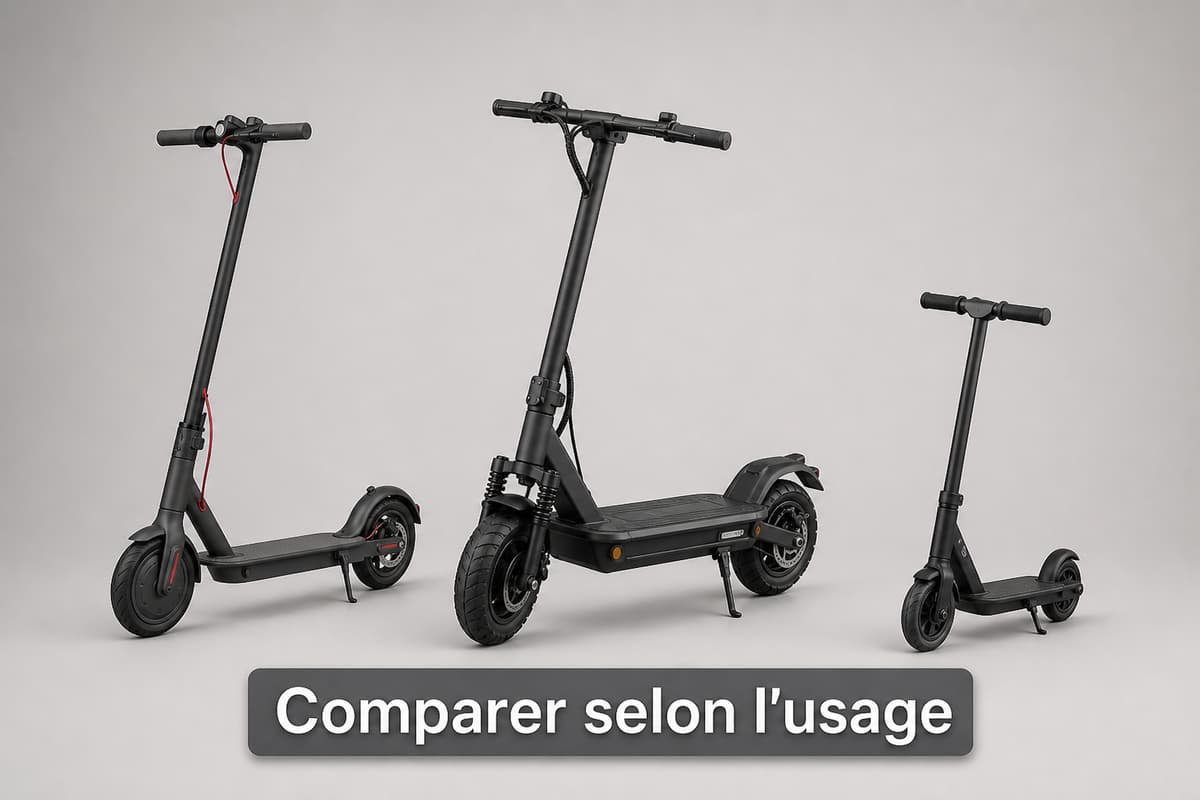 Trois trottinettes électriques sans marque alignées sur un fond neutre : une adulte compacte, une adulte robuste avec grandes roues et une petite pour enfant, avec le texte « Comparer selon l’usage » affiché.