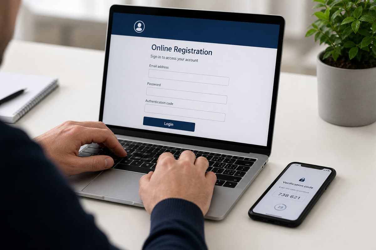 Personne assise devant un ordinateur portable affichant un formulaire de demande d’immatriculation, mains sur le clavier et téléphone avec application d’authentification posé à côté.