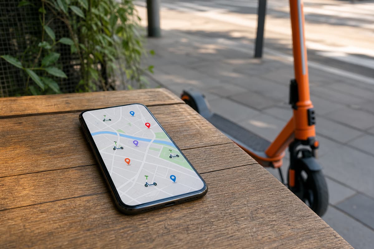 Smartphone posé sur une table affichant une carte avec des icônes de trottinettes électriques disponibles, à côté d’une trottinette électrique orange.