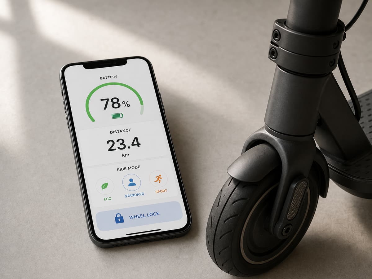 Smartphone affichant un tableau de bord simple avec jauge de batterie, distance parcourue, mode de conduite et icône de blocage de roue, posé à côté d’une trottinette personnelle.