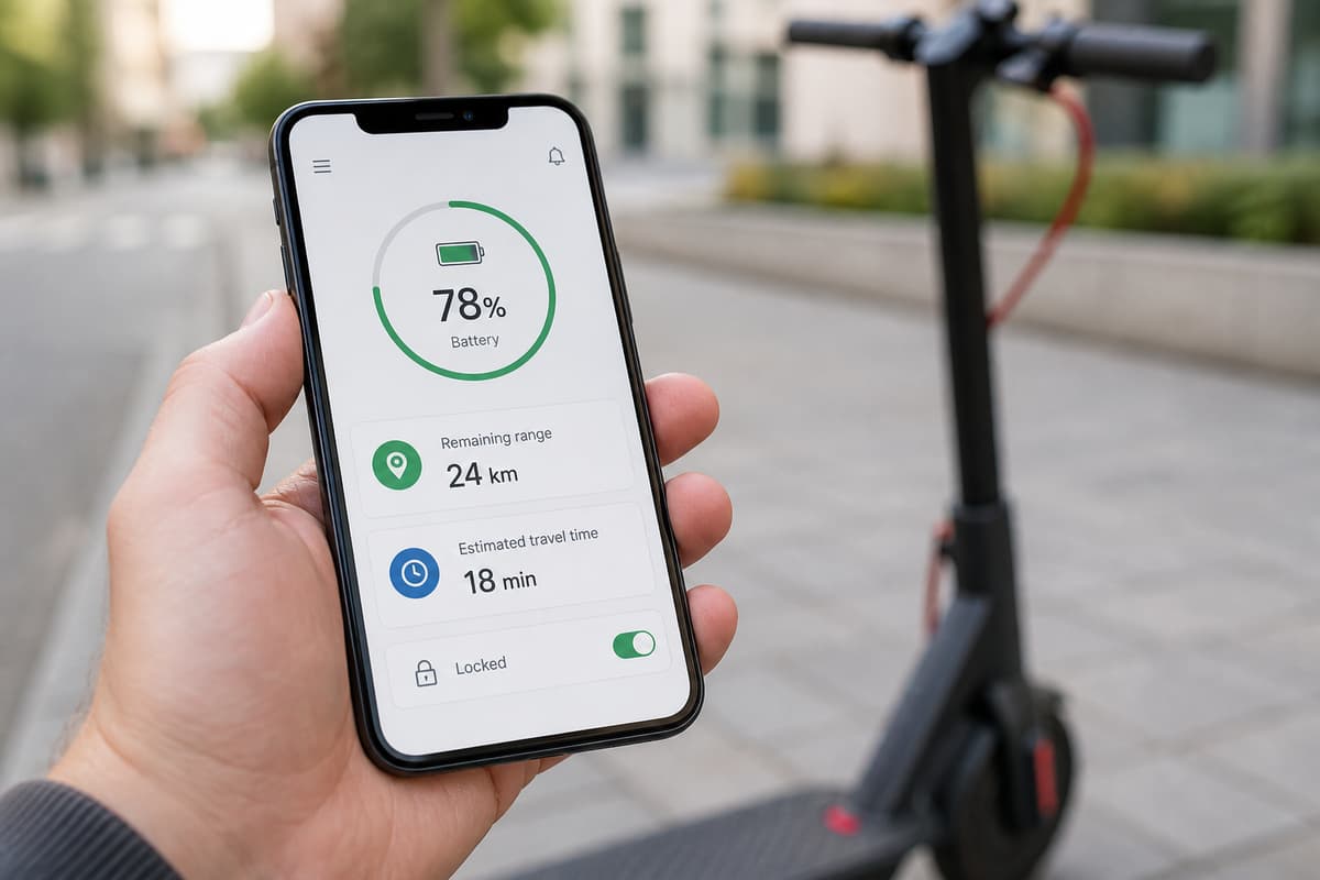 Smartphone affichant une jauge de batterie, l’autonomie restante et le temps de trajet, posé à côté d’une trottinette électrique.
