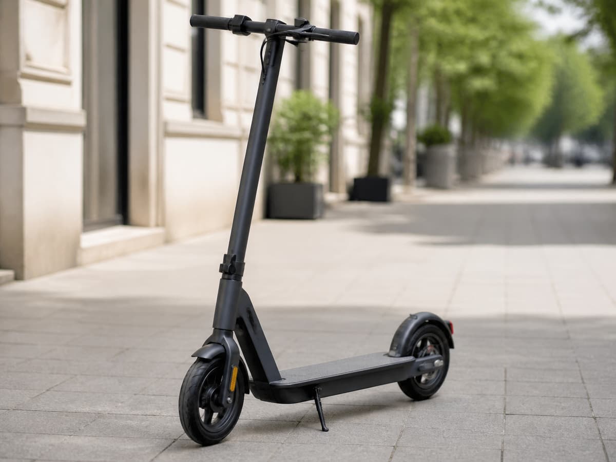 Trottinette électrique adulte compacte au cadre sobre, posée sur un trottoir urbain, guidon et plateforme visibles, sans marque apparente.