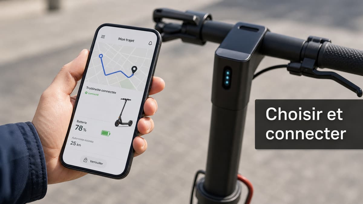 Un smartphone tenu à côté d’une trottinette électrique, l’écran affichant une interface de mobilité avec carte et indicateur de niveau de batterie, et le texte « Choisir et connecter » en surimpression.