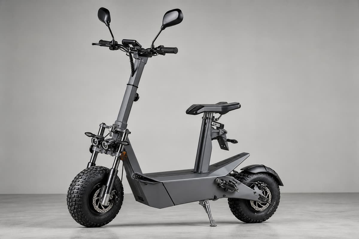 Trottinette électrique grise équipée d'une selle unique, de larges roues et de freins à disque apparents, vue de profil sur fond neutre.