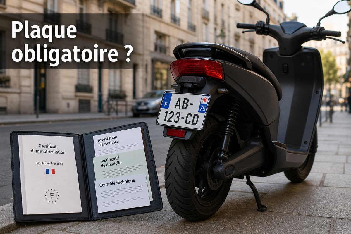 Trottinette électrique garée sur une voie urbaine, vue de trois quarts arrière, avec une plaque d’immatriculation sous le feu arrière et un porte-documents ouvert contenant des papiers administratifs, surmontée du texte superposé « Plaque obligatoire ? ».