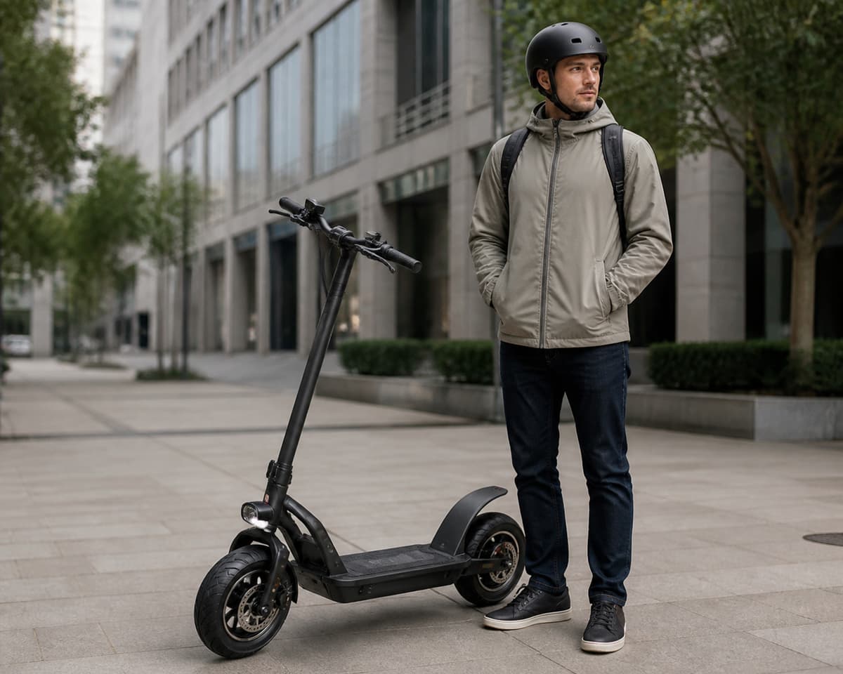 Adulte avec un casque debout près d'une trottinette électrique robuste dotée d'une large plateforme sur un trottoir urbain.