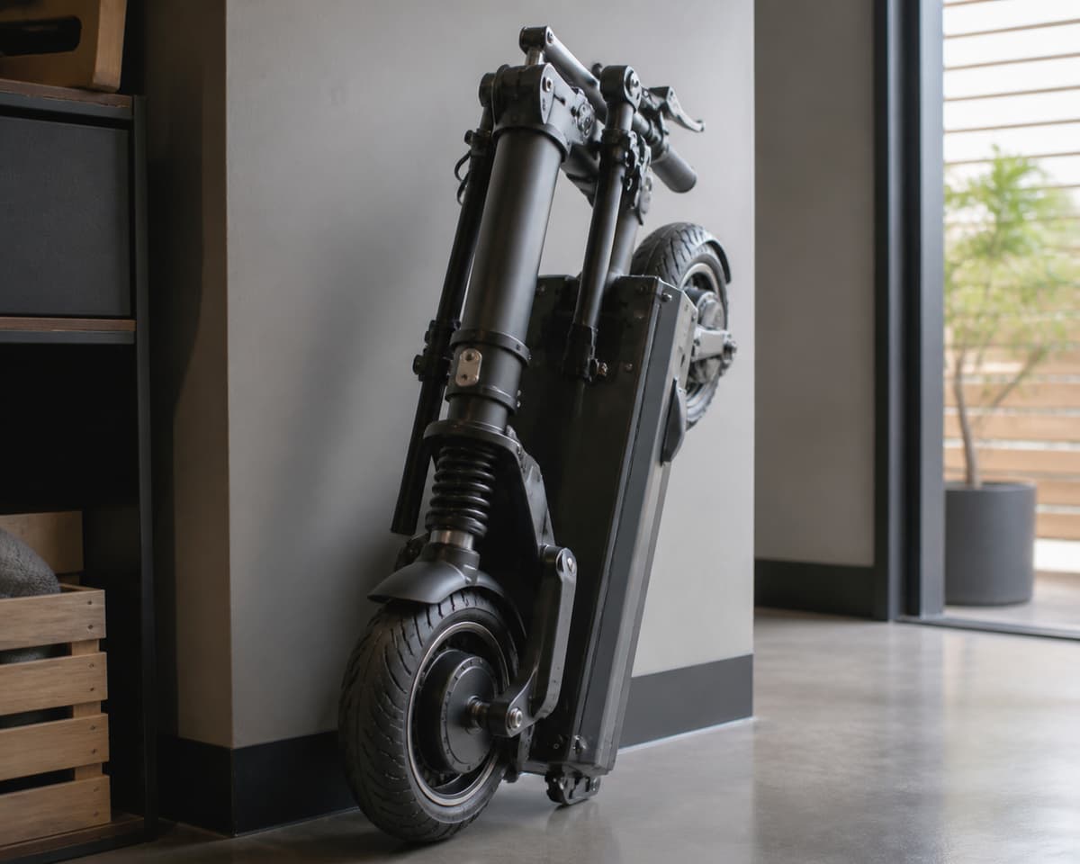 Grande trottinette électrique au cadre robuste pliée et posée dans un espace de rangement intérieur.