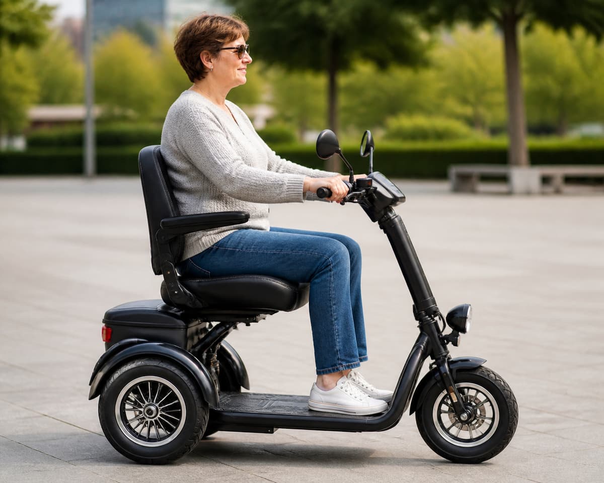 Une personne assise confortablement sur une trottinette électrique à trois roues équipée d'une selle et d'un guidon ergonomique, stationnée sur une esplanade dégagée.