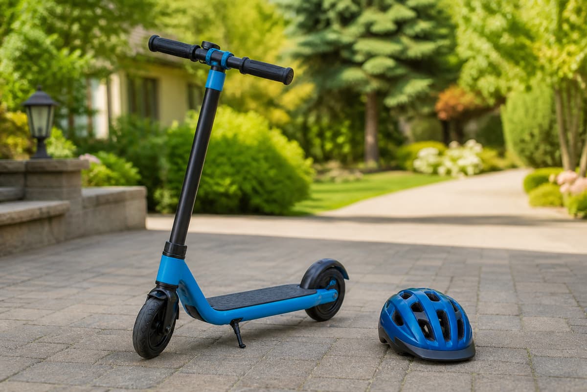 Petite trottinette électrique pour enfant avec un casque de protection posé à côté, sur une allée privée.