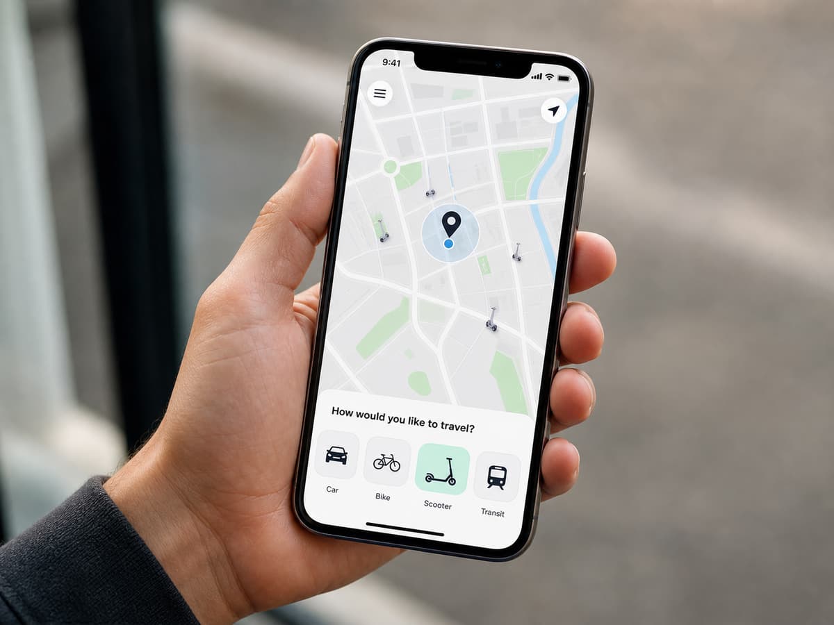 Smartphone affichant une interface d’application de mobilité avec une carte et plusieurs options de transport, dont une trottinette électrique.